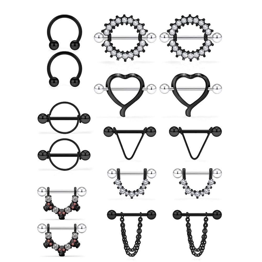 14G 316L Black and Cubic Zirconia Nipple Rings - 8 Sets